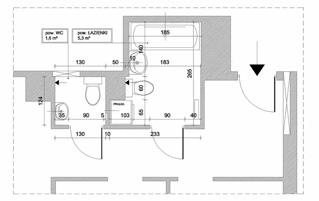 Rzut architektoniczny łazienki i WC. Minimalne wymiary kabiny WC to 1,6 m², z umieszczoną miską ustępową i umywalką. Obok łazienka z wanną, umywalką i pralką.