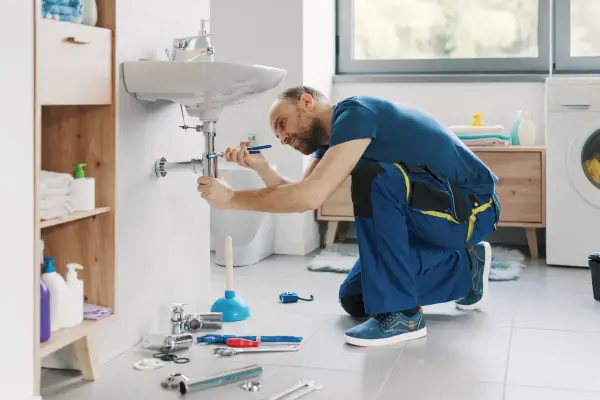 Hydraulik wykonuje demontaż baterii umywalkowej, używając klucza do odkręcenia syfonu.