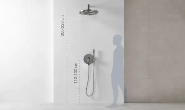 Prawidłowy montaż słuchawki prysznicowej: deszczownica na 200-220 cm, panel sterowania na 110-130 cm.